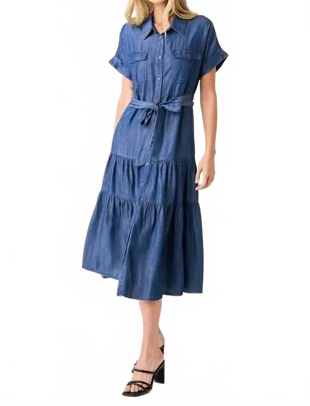 NEW MITTOSHOP connar tiered shirt style midi dress in dark denim chambray